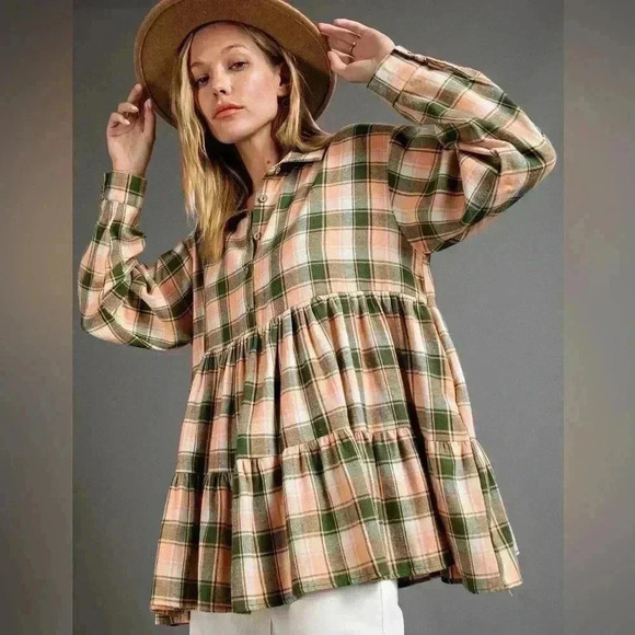 easel Tops - NWOT EASEL Green and Orange Tiered Long Sleeve Flannel Top | size Large